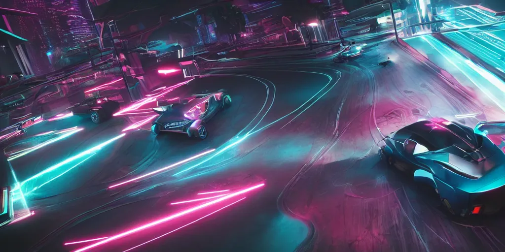 Prompt: quantum entanglement的synthwave sports car ,by Austin English ,cinema lighting,A bird's-eye view,camera view from above ,Game scene graph , very high detailed Unreal engine