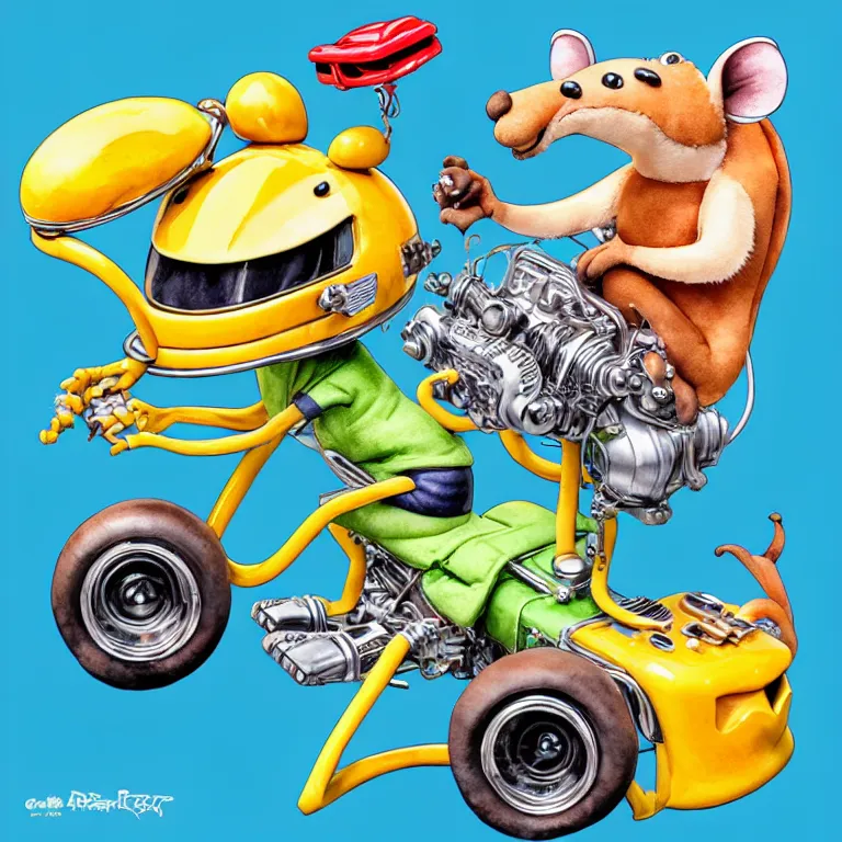 Image similar to cute and funny, kangaroo wearing a helmet riding in a hot rod with oversized engine, ratfink style by ed roth, centered award winning watercolor pen illustration, isometric illustration by chihiro iwasaki, edited by range murata, tiny details by artgerm and watercolor girl, symmetrically isometrically centered, sharply focused