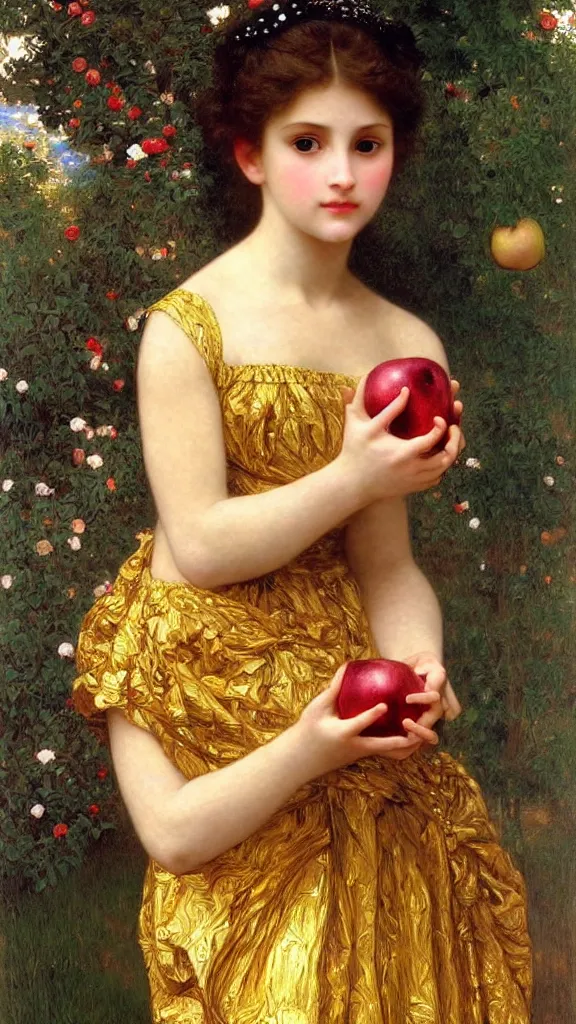 Image similar to painting portrait of a beautiful girl with an apple in her hand, intricate, elegant, digital painting, smooth, sharp focus, shiny gold, realistic gold, realistic metal, by William-Adolphe Bouguereau and Gustav Klimt,