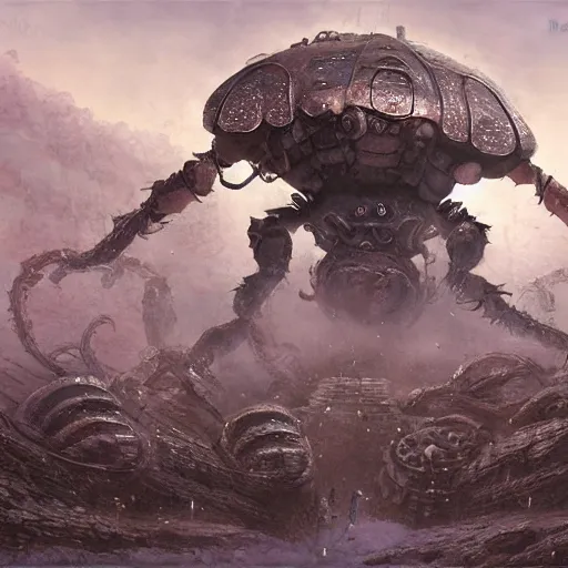 Image similar to giant armored ashigaru beetle war construct golem, glowing gnostic brian froud markings, rotating scythe blades, magic and steam - punk inspired, in an ancient stone circle on a plateau in a blizzard, kanji markings, concept painting by jessica rossier, hr giger, john berkey