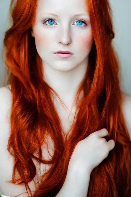 Image similar to a portrait of a redhead beautiful girl, green eyes, highly detailed, 3 5 mm f 1. 4 background silver fir