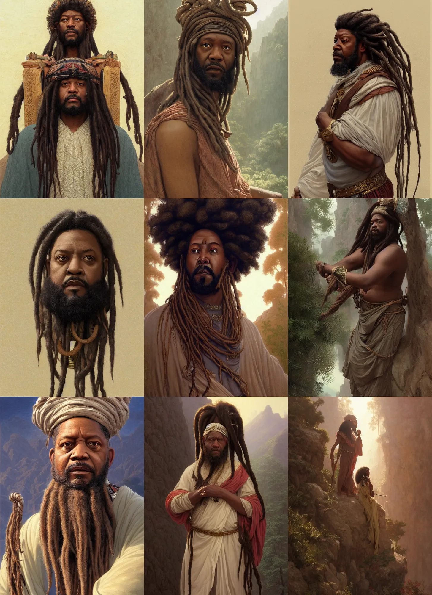 Prompt: forest whitaker as ramesses, curled beard, long dreadlocks, trecking in mountain, intricate, elegant, highly detailed, artstation, sharp focus, illustration, orientalism, bouguereau, mandy jurgens, rutkowski, mucha