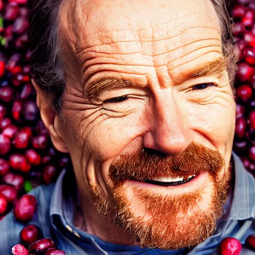 Image similar to closeup portrait of happy bryan cranston with open mouth filled with cranberies, eating cranberries, food photography, natural light, sharp, detailed face, magazine, press, photo, steve mccurry, david lazar, canon, nikon, focus