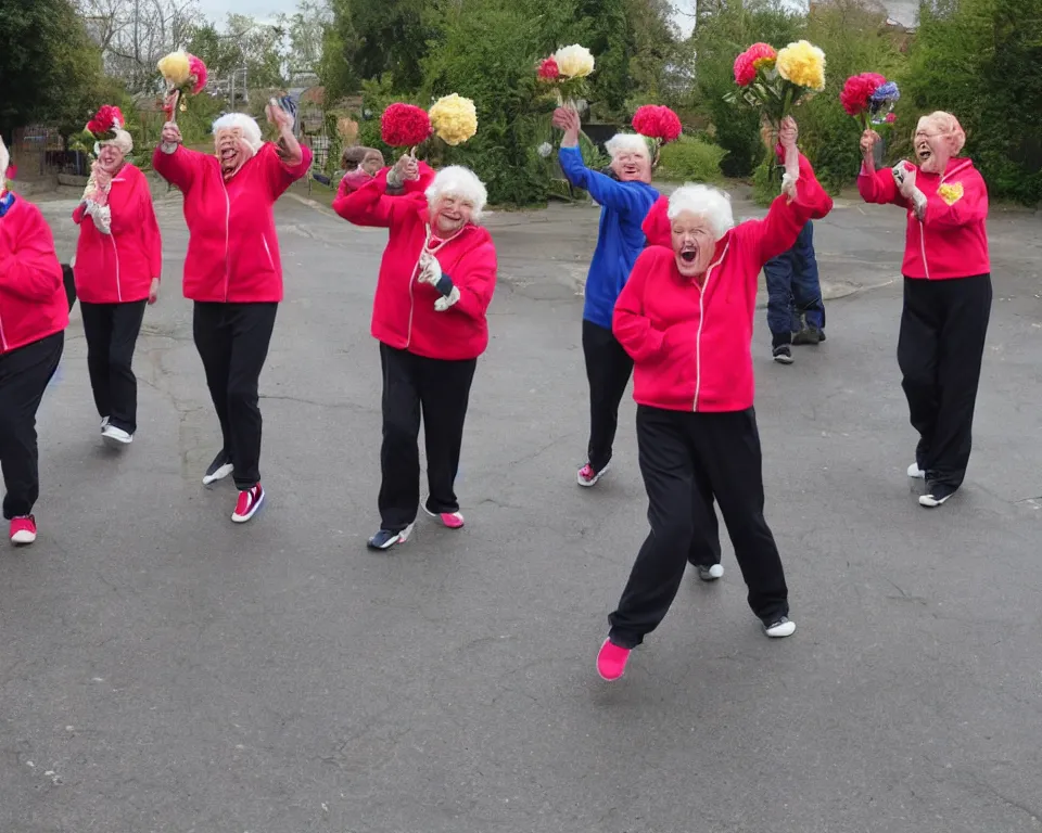 Image similar to a gang of old ladies waving flowers and large hammers, and wearing Umbro track suits laughing maniacally and screaming