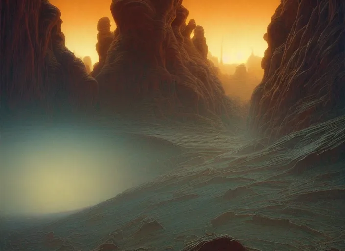 Prompt: a silhouette wanders in a martian canyon, by jean delville and sophie anderson and mandy jurgens and ralph mac quarrie, retrofuturism, immaculate scale, moody atmosphere, cinematic atmospheric, cinematic lighting, golden ratio, perfect composition, elegant, no crop, extremely detailed, 4 k, hd, sharp focus, masterpiece, trending on artstation