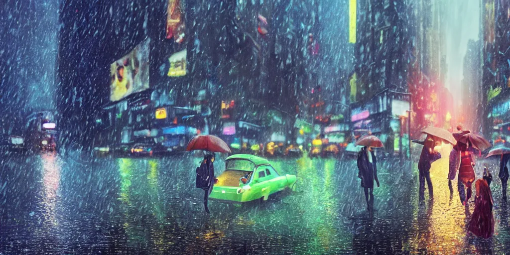 Image similar to a ultra photorealistic and sharp film still trough a raincovered window on a rainy but colourful day in new york. sparkling lights, people with umbrellas standing in the street, wide shot, frog perspective, wes anderson, studio ghibli, pixar and disney animation, octane render, anime key art by greg rutkowski, dramatic lighting, award winning photography