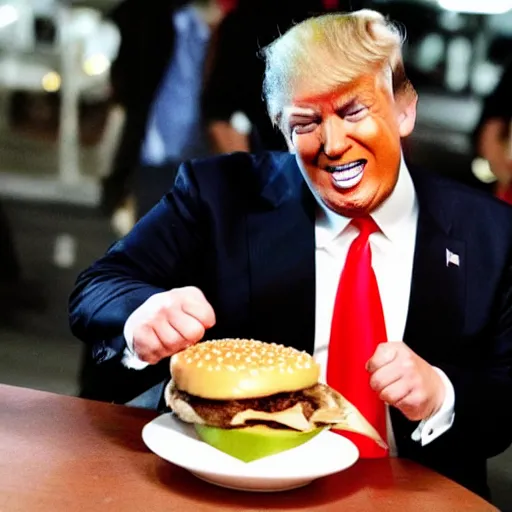 Prompt: donald trump eating a cheeseburger, paparazzi photo