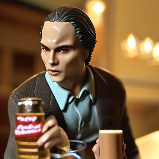 Image similar to Frank Dillane action figure with beer bottle tea cup and cigarette, photo, highly detailed