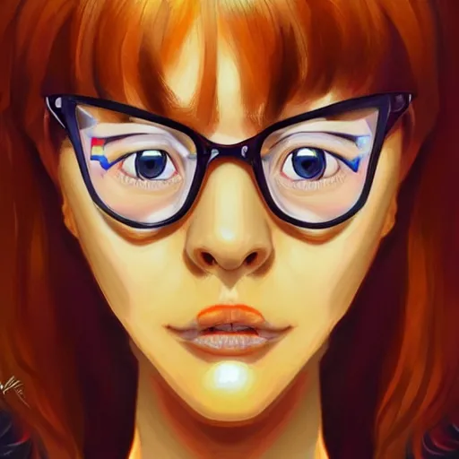 Prompt: A portrait of velma from scooby doo, face in focus, highly detailed, trending on ArtStation