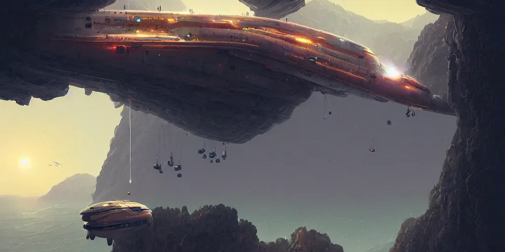 Image similar to A crashlanded spaceship hanging dangerously over a cliff, about to fall, detailed digital matte painting by Greg Rutkowski and Simon Stalenhag