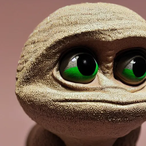 Image similar to clay head of pepe the frog, 3d sculpture, textured, fine detail, lifelike, photo, high resolution