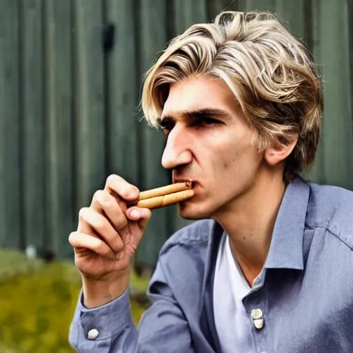 Prompt: a photo of xqc smoking a cigarrette