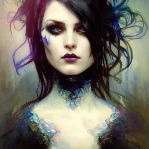 Prompt: dark goth queen with blue eyes, by jeremy mann and alphonse mucha, fantasy art, photo realistic, dynamic lighting, artstation, poster, volumetric lighting, very detailed faces, blue eyes, 4 k, award winning dark, goth, queen, dark fantasy, hyperrealistic portrait, art of elysium, full figure, very detailed face,