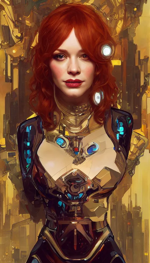 Image similar to portrait of christina hendricks as a robot, cyberpunk machine, machine face, robed, upper half portrait, decorated, intricate intense elegant highly detailed digital painting artstation concept art smooth sharp focus illustration, art by artgerm and greg rutkowski alphonse mucha 8 k