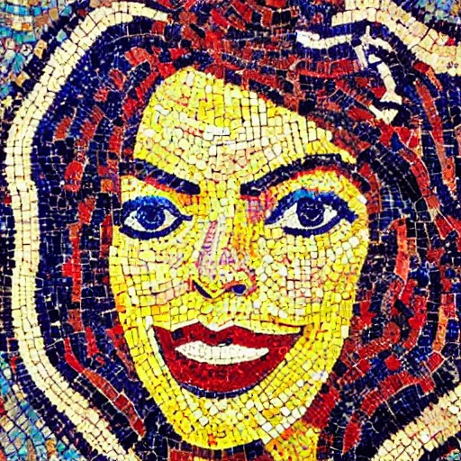 Prompt: beautiful detailed colorful emma stone in zeugma mosaic, many small stones, extreme detail