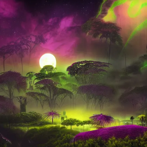 Prompt: Magic jungle at night during full moon, digital graffiti landscape, detailed, sci-fi fantasy, surreal, main colour - black, second colours - purple, fuchsia, dark mood, creepy lightning, deep shadows, HD, 4K, photorealistic, James Webb Telescope