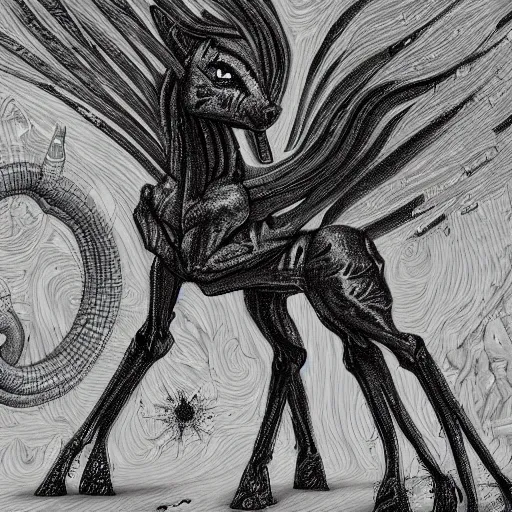 Image similar to detailed black and white science fiction painting of my little pony in the style of h r giger and wayne barlowe