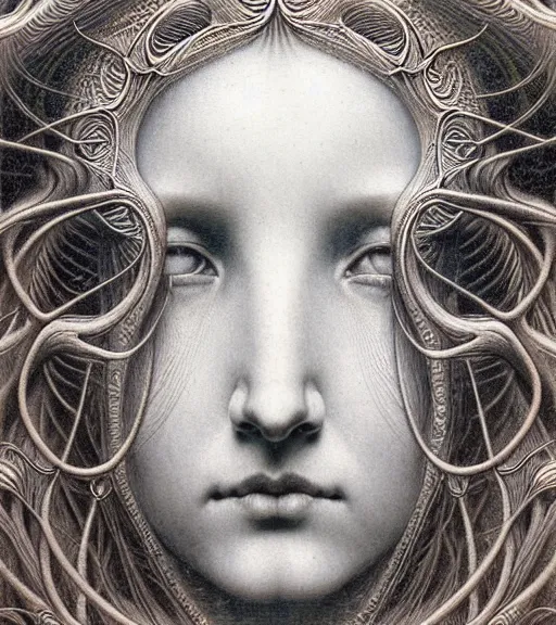 Image similar to detailed realistic beautiful angel goddess face portrait by jean delville, gustave dore, iris van herpen and marco mazzoni, art forms of nature by ernst haeckel, art nouveau, symbolist, visionary, gothic, neo - gothic, pre - raphaelite, fractal lace, intricate alien botanicals, ai biodiversity, surreality, hyperdetailed ultrasharp octane render