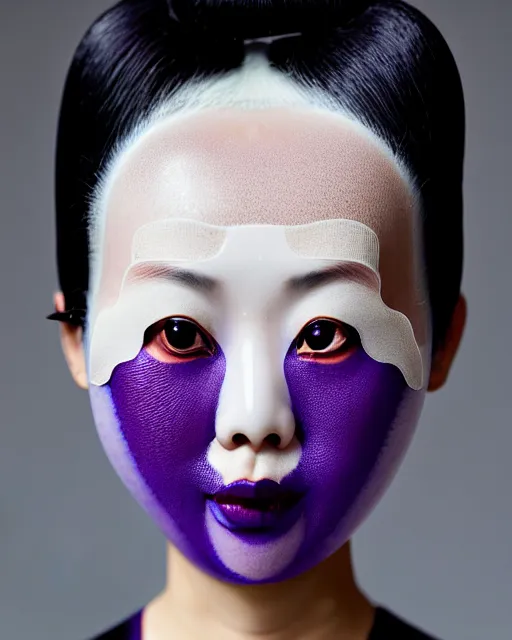 Prompt: symmetrical portrait of an asian woman wearing a silicone embroidered purple beauty mask and white hair buns, wearing a black bodysuit by alexander mcqueen, cream white background, soft light, biotechnology, humanoide robot, bjork aesthetic, translucent, by rineke dijkstra, intricate details, highly detailed, masterpiece,