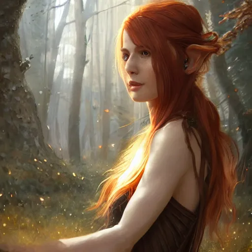 Image similar to portrait of a proud elf, her hair is copper, she is a wood elf, shade and sparkles, trees and leave are surrounding her, calm piece, masterpiece, oil on canvas, art by Greg Rutkowski and Karakter, trending on artstation, delicate, sharp focus, 4k, digital art