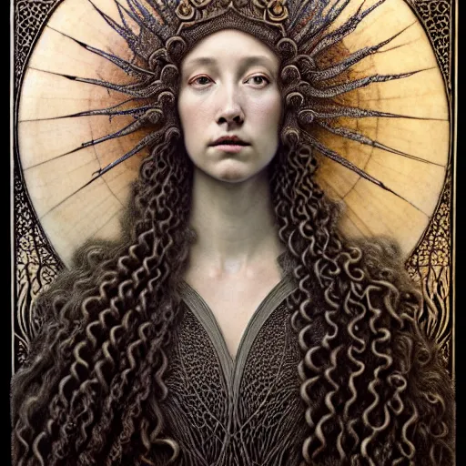 Image similar to detailed realistic beautiful young medieval queen face portrait by jean delville, gustave dore, iris van herpen and marco mazzoni, art forms of nature by ernst haeckel, art nouveau, symbolist, visionary, gothic, neo - gothic, pre - raphaelite, fractal lace, ai biodiversity, surreality, intricate hyper detailed ultra sharp octane render