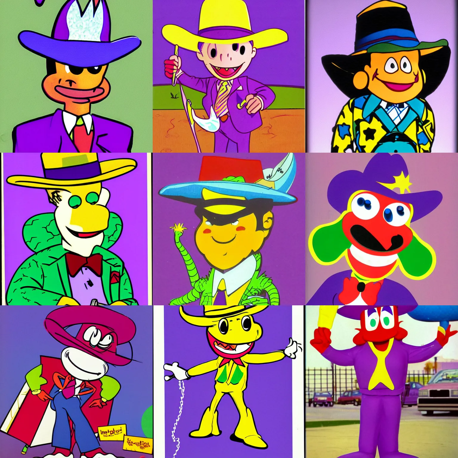 Prompt: 1990's childrens cartoon cereal mascot resembling a purple alligator cowboy salesman