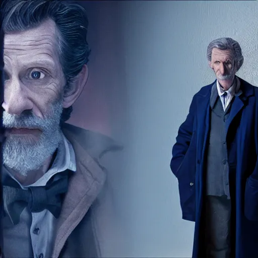 Image similar to tom holland as a rough dirty old man with a scruffy beard in a dark blue trenchcoat as the new doctor who, cinematic, volumetric lighting, f 8 aperture, cinematic eastman 5 3 8 4 film, photorealistic