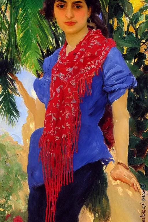 Image similar to portrait of persian girl with arabesque red and blue detailed scarf near bougainvillea and mexican fan palms, painting by john singer sargent