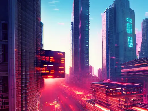 Image similar to a cinematic busy cyberpunk street in a mega city packed with flying vehicles, large mega corp buildings dominate the skyline at dusk by nick hiatt, unreal engine trending on artstation