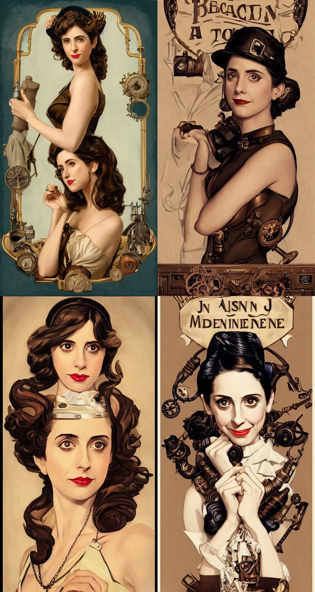 Prompt: in the style of J. C. Leyendecker:: steampunk Alison Brie working on a machine:: symmetrical face symmetrical eyes perfect face:: sunrise beautiful day:: diffuse lighting::