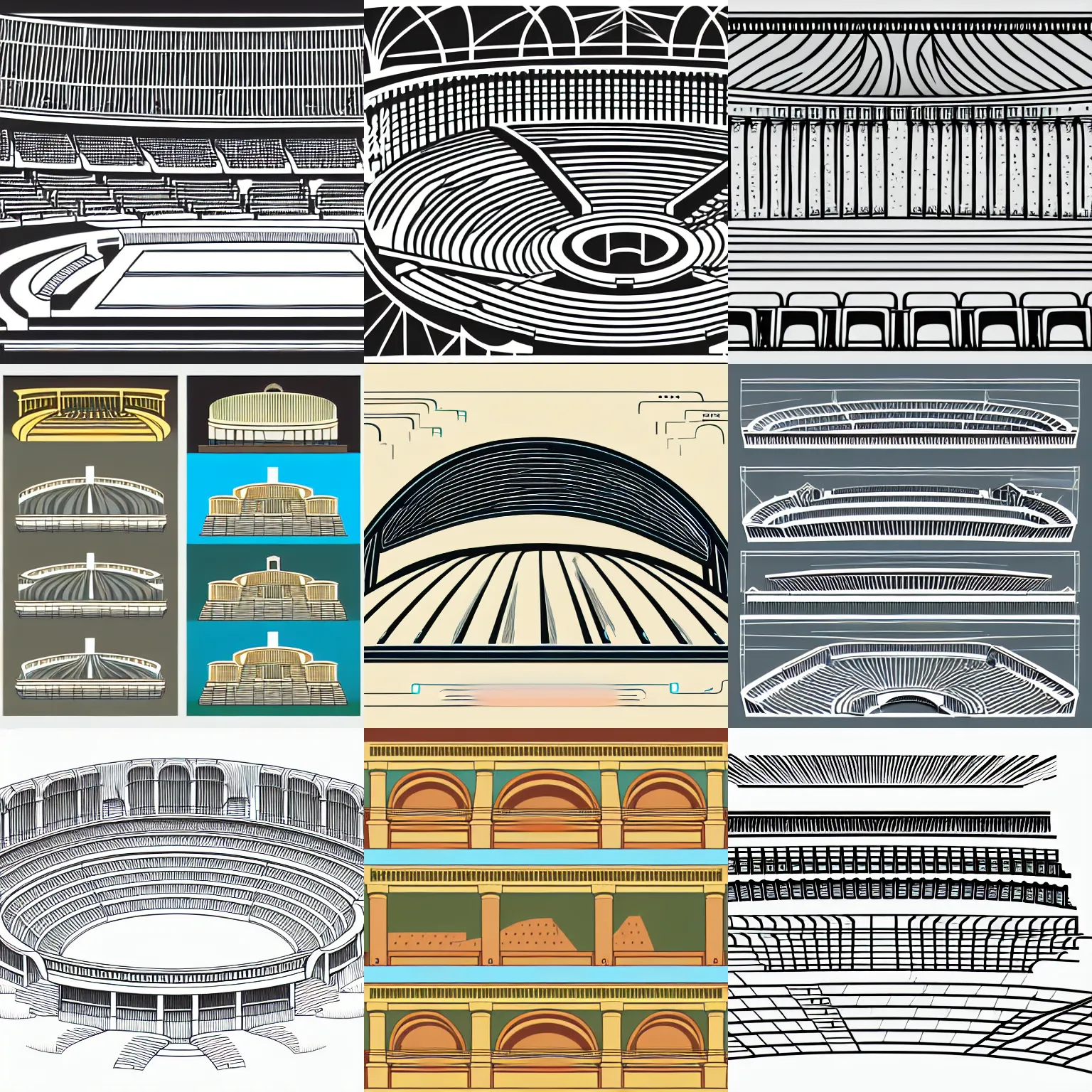 Prompt: a simplified full frame 3 / 4 shot of a section of ancient amphitheater infographic, smooth shaded, vector line - art style, white background