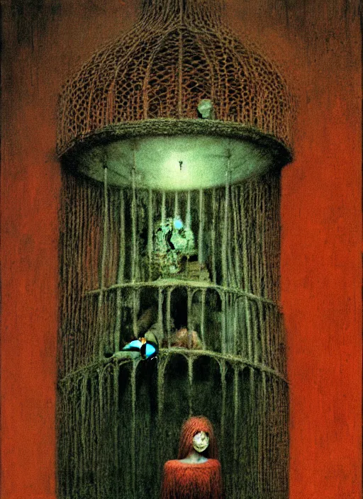 Image similar to girl inside birdcage by Beksinski