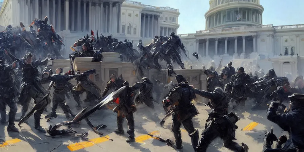 Image similar to character art by ruan jia, man rams barricade at the us capitol as capitol police descend