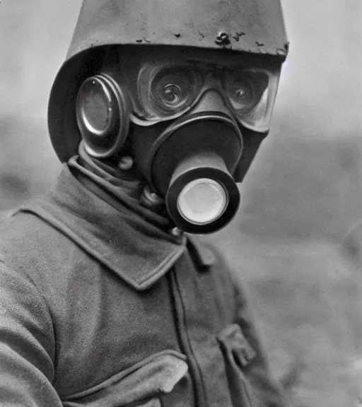 Prompt: man in a hazmat suit and gasmask, ww1 film photo, grainy, high detail, high resolution