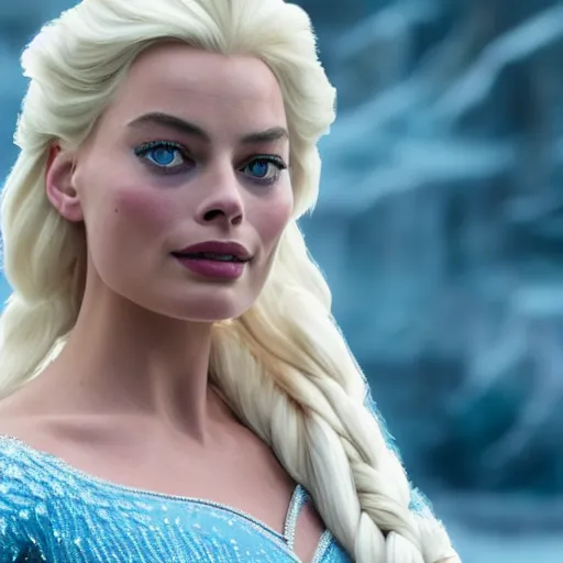 Image similar to Margot Robbie as Elsa in disney frozen live action, 8k full HD photo, cinematic lighting, anatomically correct, oscar award winning, action filled, correct eye placement,