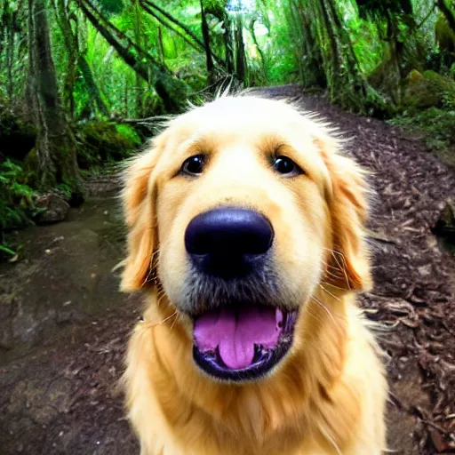 Image similar to selfie of a golden retriever dog showing tongue in front of a rainforest