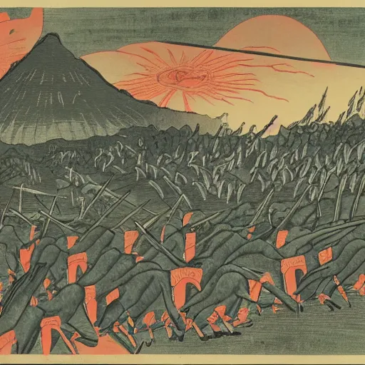 Prompt: war of the worlds, late meiji period, colored woodblock