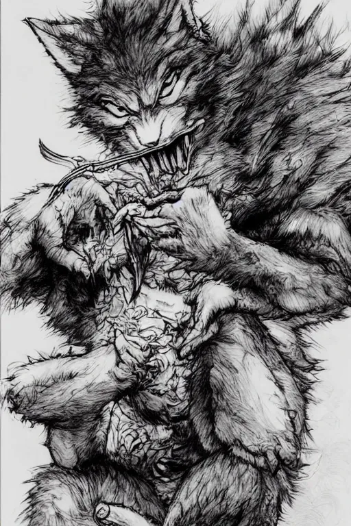 Image similar to A cute baby werewolf eating , pen and ink, intricate line drawings, by Yoshitaka Amano, Ruan Jia, Kentaro Miura, Artgerm, watercolor