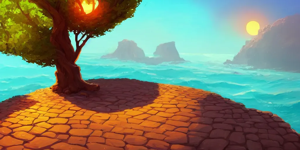 Prompt: a lonely cobblestone street with a tree on a cliff over the sea at sunset, brightly illuminated by rays of sun, artstation, colorful sylvain sarrailh illustration, by peter chan, day of the tentacle style, low camera