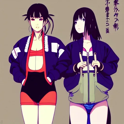 Image similar to a beautiful plus sized model japanese natalie portman, alluring, wearing oversized mayan bomber jacket and leotard with overalls, bulky poofy bomber jacket with mayan patterns, aztec street fashion, gapmoe yandere grimdark, trending on pixiv fanbox, painted by greg rutkowski makoto shinkai takashi takeuchi studio ghibli, akihiko yoshida