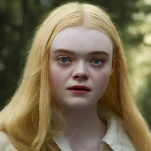 Prompt: A masterpiece head and shoulders portrait of Elle Fanning in Raised by Wolves