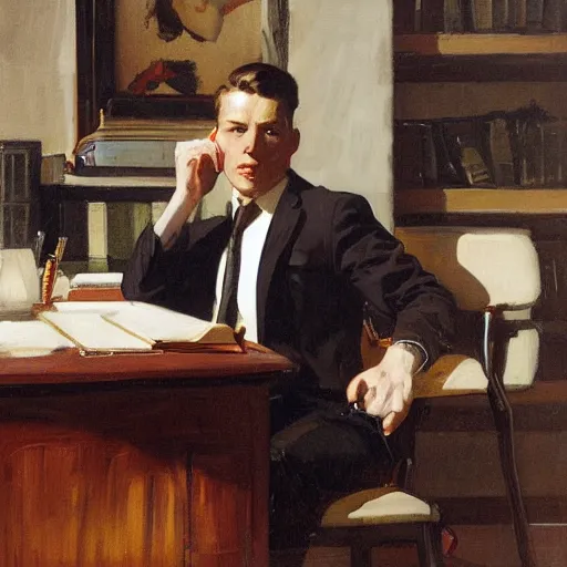 Image similar to man in desk with coffee and black suit by leyendecker and dean cornwell, 5 feet distance from the camera