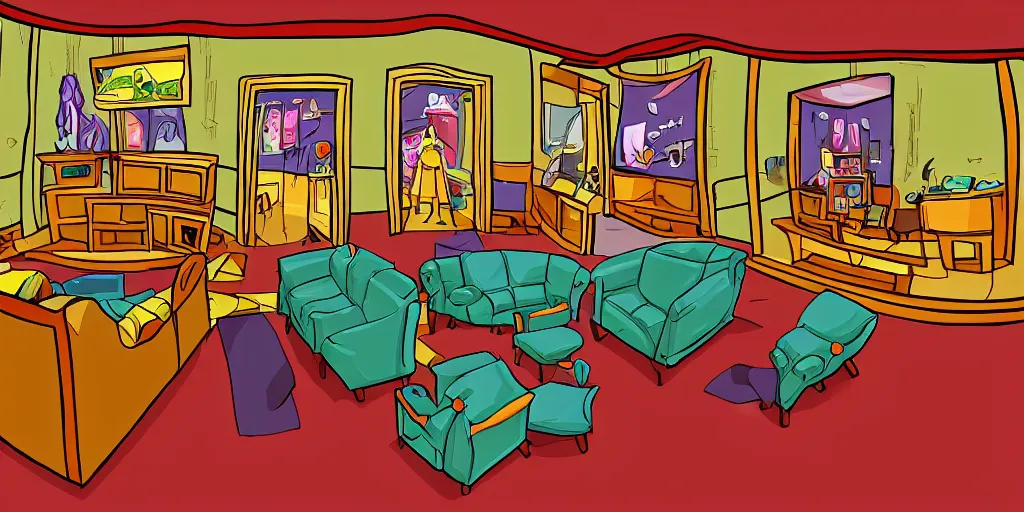 Image similar to a dimly lit, theater dressing room, with a mirror, a chair, a couch, day of the tentacle style, drawn by Peter Chan, fish eye