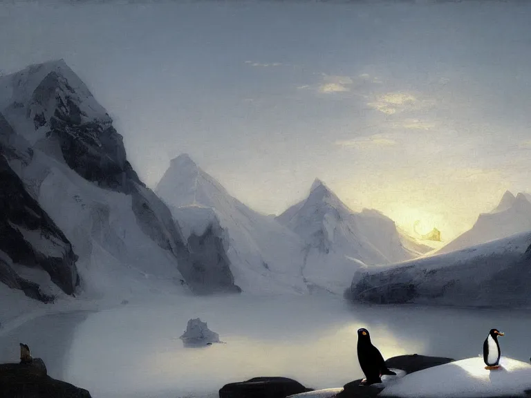 Image similar to an oil painting of a penguin and a misty glacier at dawn. by tuomas korpi and carl spitzweg. baroque elements. intricate artwork by caravaggio. oil painting. oil on canvas. award winning. dramatic. trending on artstation. 8 k