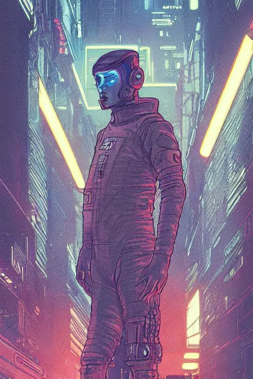 Prompt: Among Us Crewmate. Spaceman. cyberpunk. Blade Runner 2049. concept art by James Gurney and Mœbius.