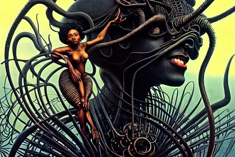 Prompt: realistic detailed portrait movie shot of a beautiful black woman riding a giant spider, dystopian city landscape background by denis villeneuve, amano, yves tanguy, alphonse mucha, max ernst, ernst haeckel, kehinde wiley, caravaggio, jean delville, david lynch, roger dean, cyber necklace, rich moody colours, sci fi patterns, dramatic, wide angle