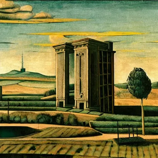 Prompt: solarpunk dreaming new York stock exchange in a toscana landscape with modern houses, painted by Giorgio de Chirico, highly detailed