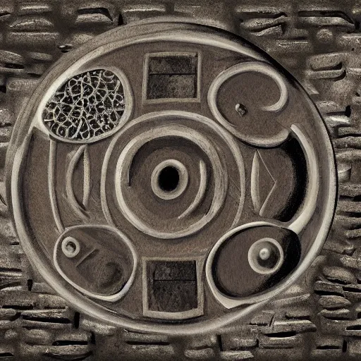 Prompt: 2 d illustration of ancient technology artifact made of steel and stone, with glow on some of its parts, monochromatic background, by afshar, petros