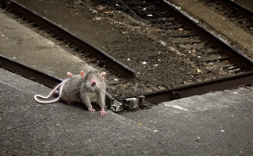Image similar to giant rat sitting on railways of tonnel of moscow subway. extreme high detail. photo by russos.