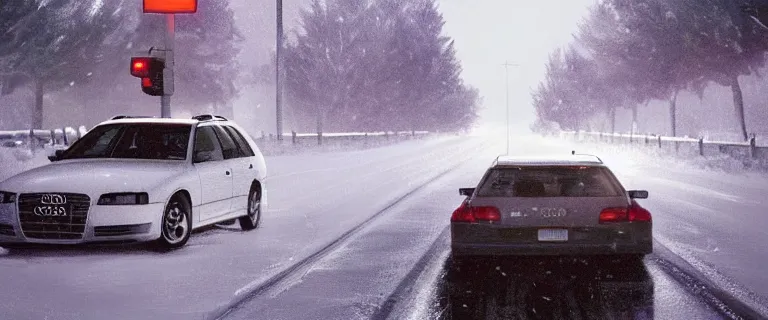 Image similar to Audi A4 B6 Avant (2002), a gritty neo-noir, Robot horror, dramatic bright lighting, cinematic, establishing shot, extremely high detail, photorealistic, cinematic lighting, artstation, by simon stalenhag, Snowy italian road, Snowy Apennines, At night, Poets of the Fall - Late Goodbye